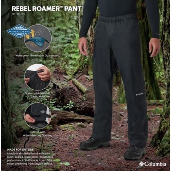 Columbia Men's Rebel Roamer Waterproof Rain Paints in Black Small 32" Inseam $60 - Picture 1 of 7